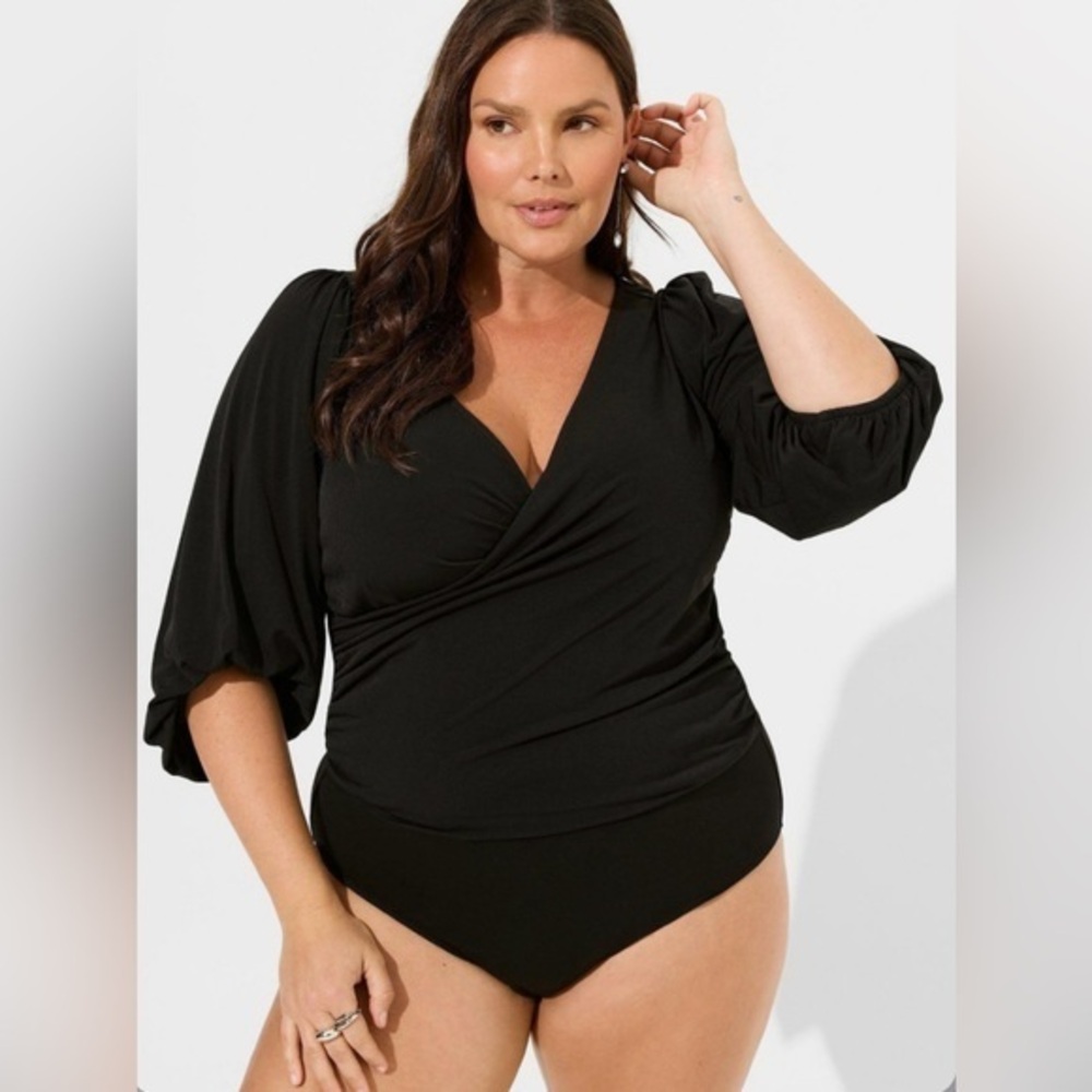 Torrid Studio Knit Surplice Long Sleeve Bodysuit Black Size Large